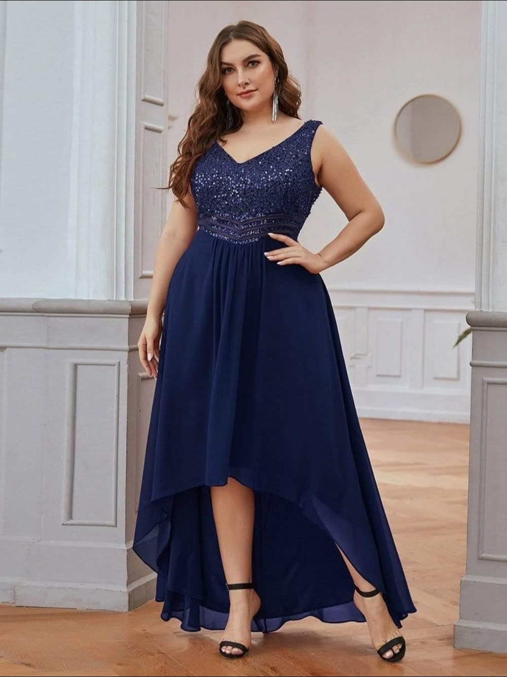 Ever Pretty Navy Sequin V-Neck High-Low Evening Dress